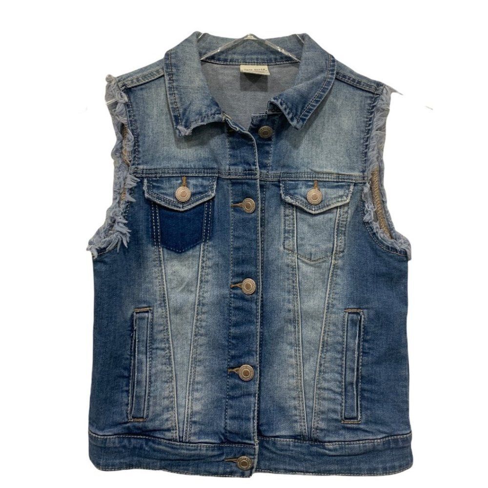 Zara Girls‎ Size 9 / 10 Denim Vest Distressed Raw Sleeves Cotton Button Front